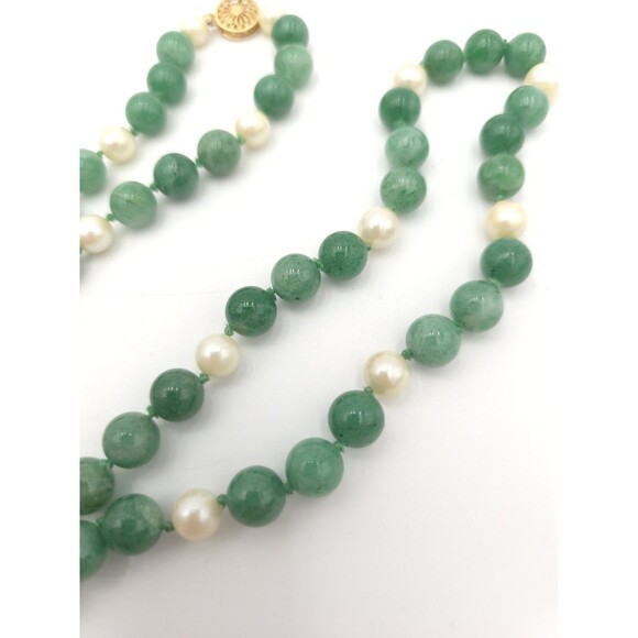 Pearl And Green Aventurine Beaded Hand Knotted Necklace 10mm Beads 26" Long - Picture 4 of 8